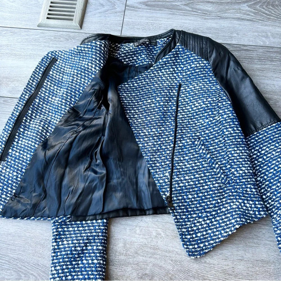 Zara Trafaluc Blue Black Tweed Faux Leather Moto Jacket - Picture 9 of 16